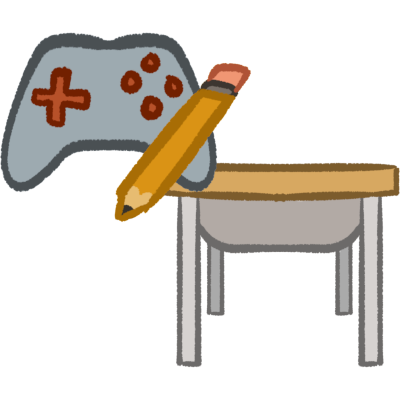 A school desk with a game controller and a pencil.